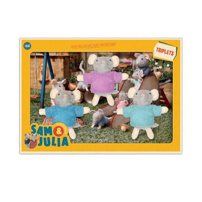 Three plush mouse toys in different colored sweaters on a white background. Triplets plush toy from Sam and Julia. Stockist at Zebra Finch Style