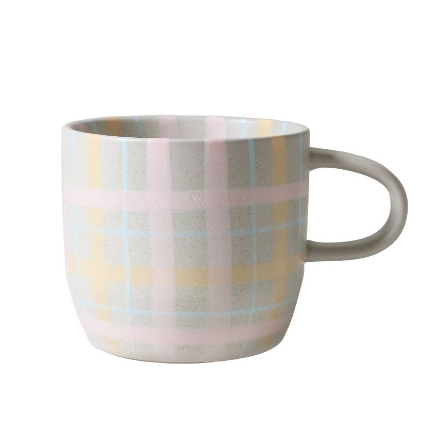 Mug with pastel plaid pattern on a white background by Robert Gordon - Neon Cat's Pyjamas Mug | Robert Gordon Stockist at Zebra Finch