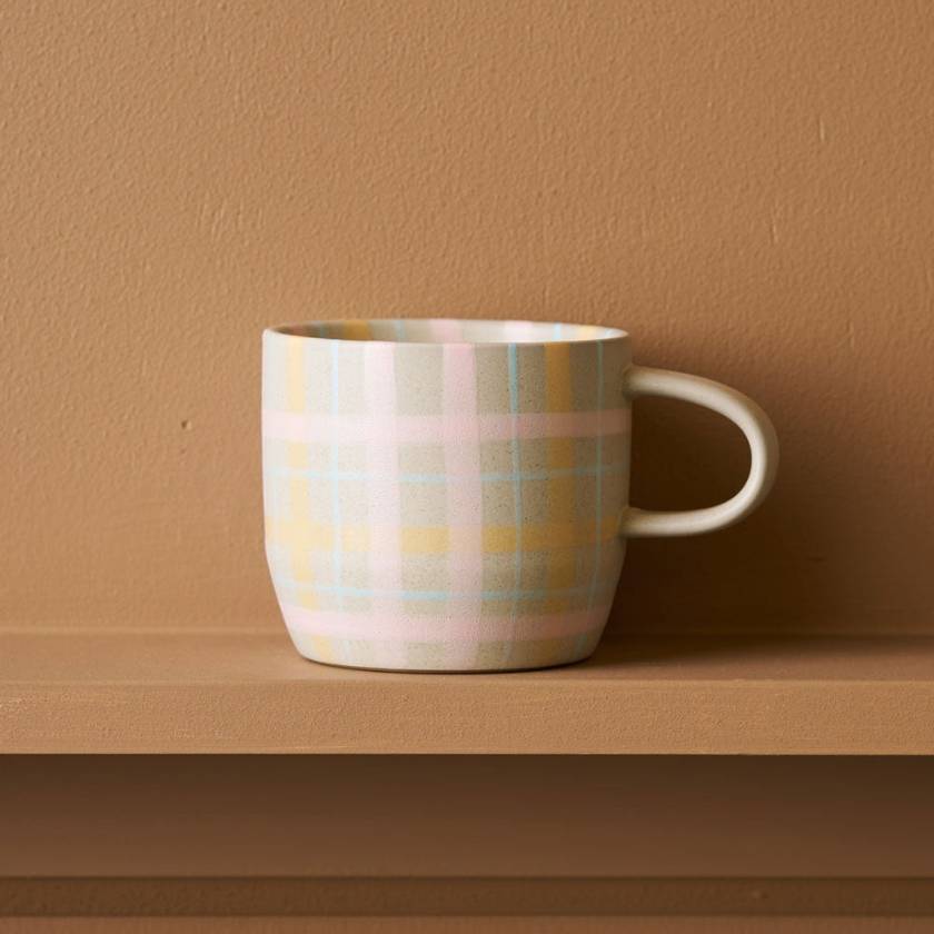 Mug with pastel plaid pattern on a white background by Robert Gordon - Neon Cat's Pyjamas Mug | Robert Gordon Stockist at Zebra Finch