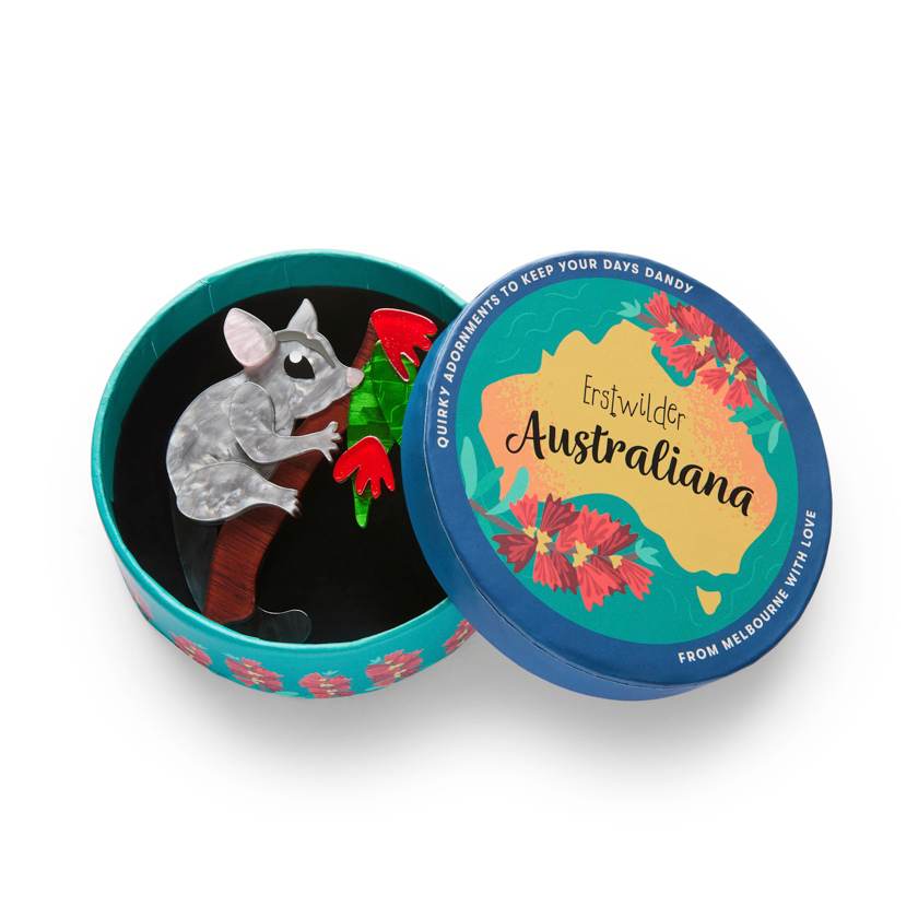 In gift box - Penny the Possum resin brooch by Erstwilder from their 2025 Australiana collection. Stocked at Zebra Finch Style in Newcastle, NSW