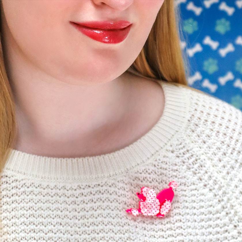 Pouncing Paulette Dog Mini Brooch on model by Erstwilder from their Dog Mini collection