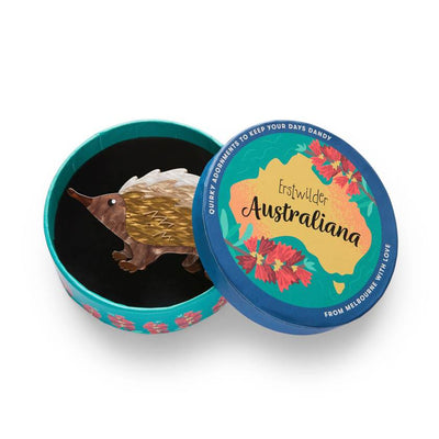 Resin brooch of Prickles the Echnida in a gift box - by Erstwilder from their 2025 Australiana collection. Stocked at Zebra Finch Style in Newcastle, NSW