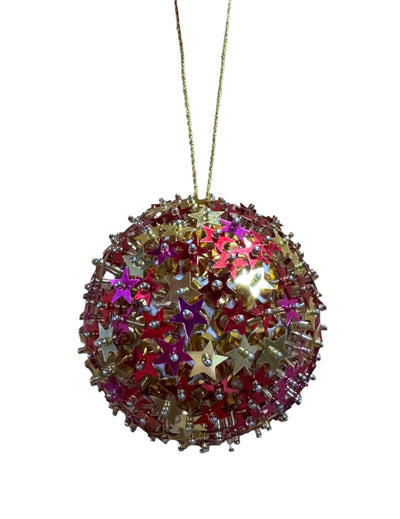 Decorative Christmas ball ornament with star-shaped beads on a white background