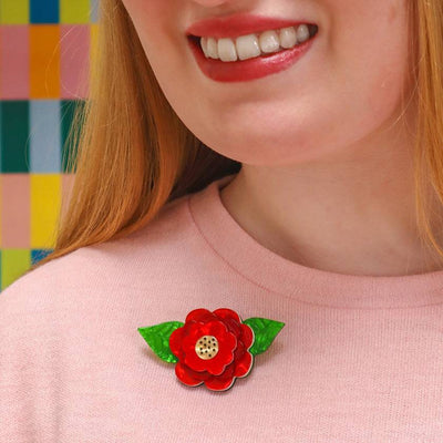 Rosalitia resin brooch on model by Erstwilder from their 2024 Fan Favourites collection