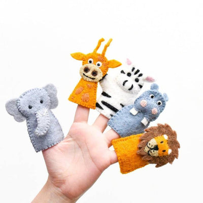 Safari Finger Puppet Set by Tara Treasures. Made from 100% NZ Wool. Made Fair Trade in Nepal.