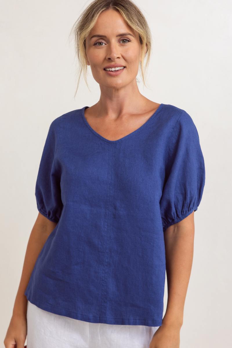 Woman wearing a blue top against a white background by See Saw | See Saw Stockist at Zebra Finch Marketown