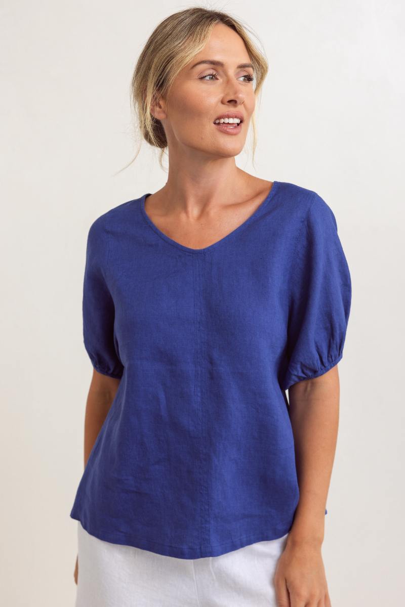 Woman wearing a blue top against a white background by See Saw | See Saw Stockist at Zebra Finch Marketown