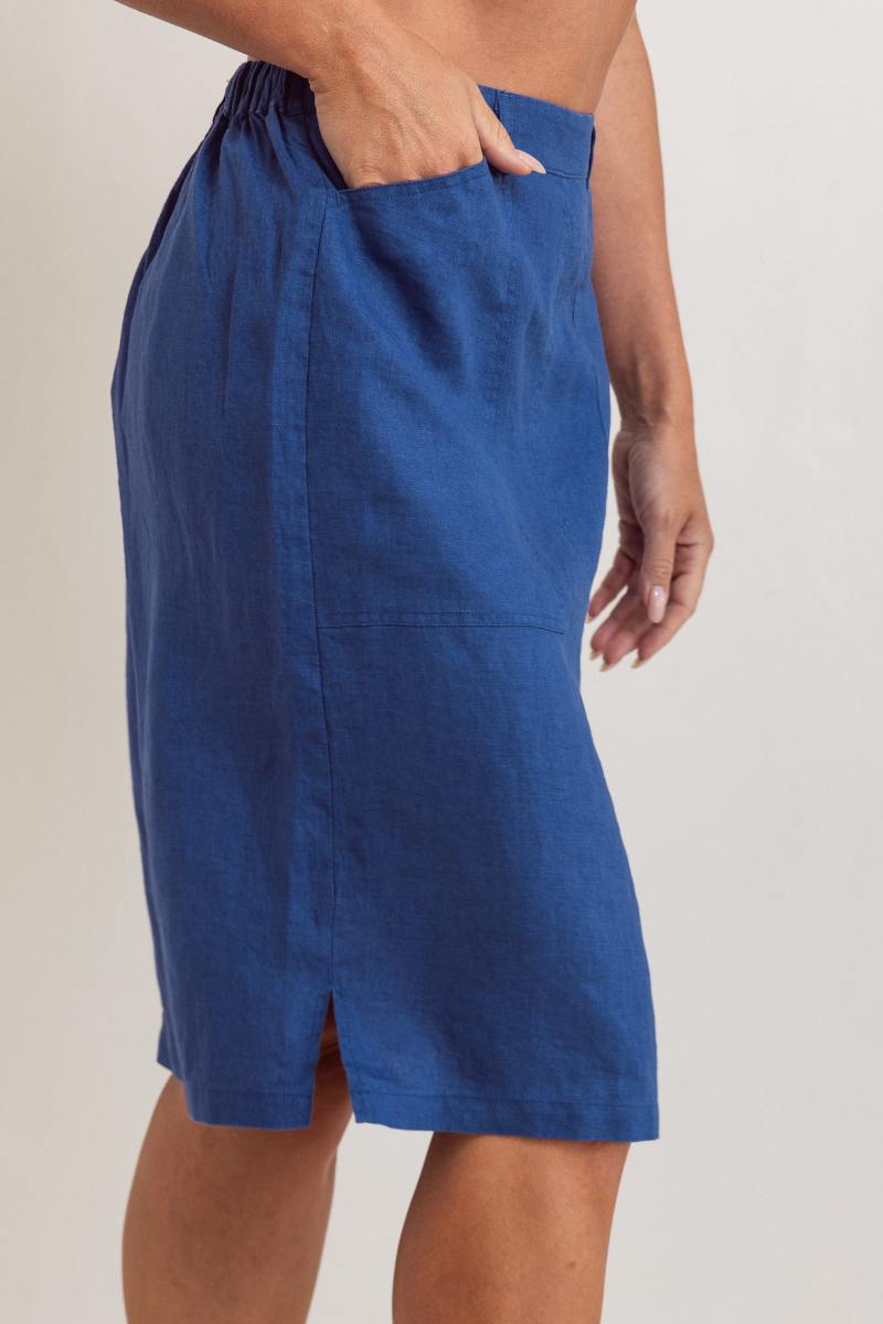 Blue skirt worn by a person on a plain background by See Saw | See Saw Stockisit at Zebra Finch Marketown in Newcastle, NSW