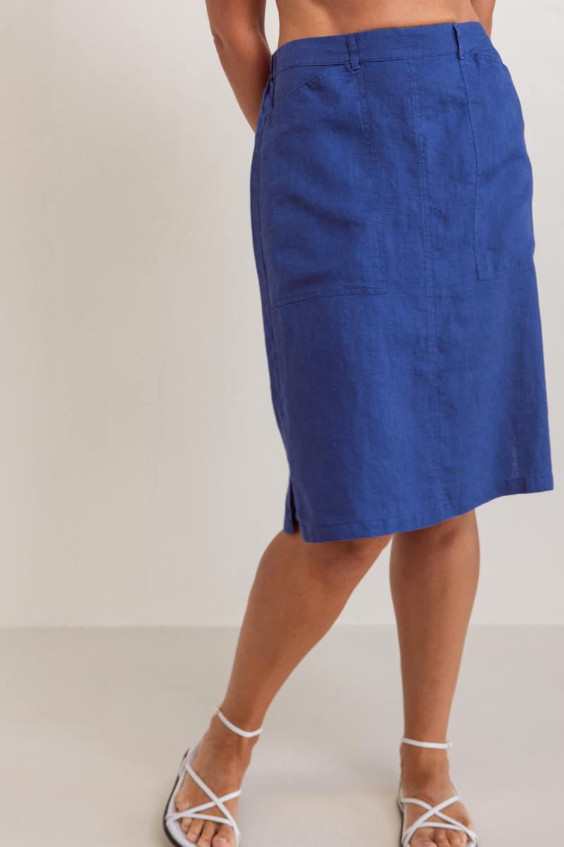 Blue skirt worn by a person on a plain background by See Saw | See Saw Stockisit at Zebra Finch Marketown in Newcastle, NSW