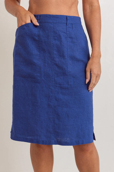 Blue skirt worn by a person on a plain background by See Saw | See Saw Stockisit at Zebra Finch Marketown in Newcastle, NSW