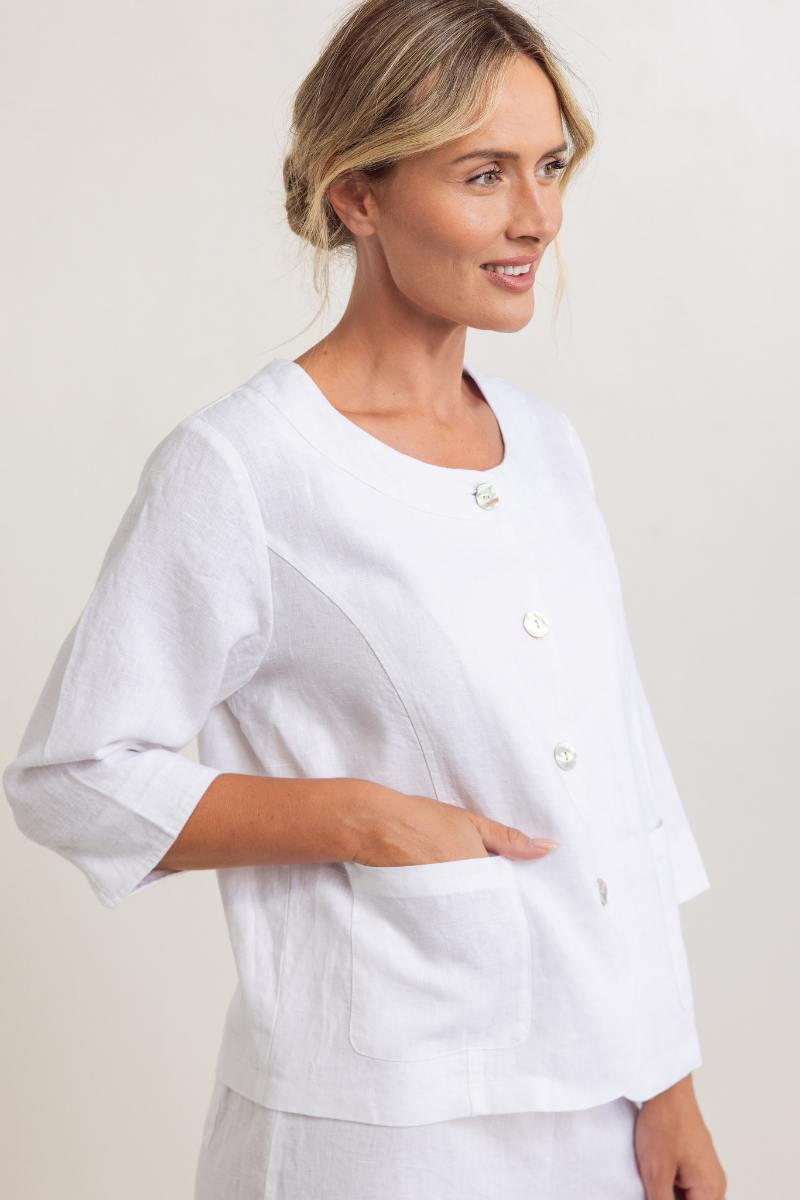 See Saw 100% Linen 3/4 Sleeve Utility Jacket in White