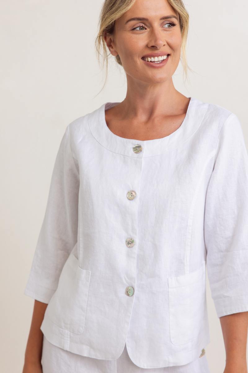 See Saw 100% Linen 3/4 Sleeve Utility Jacket in White