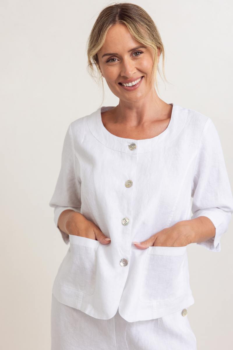 See Saw 100% Linen 3/4 Sleeve Utility Jacket in White