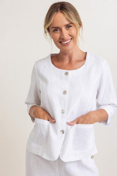 See Saw 100% Linen 3/4 Sleeve Utility Jacket in White