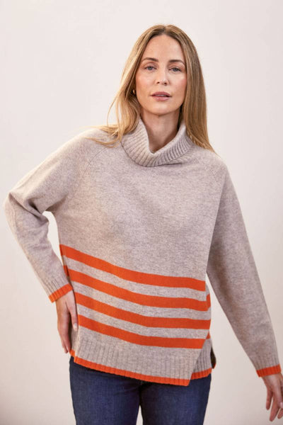 See Saw Merino Roll Neck Stripe Sweater in Tango Natural | Stockist in Zebra Finch Marketown in Newcastle, NSW