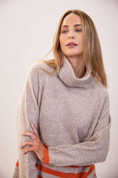 See Saw Merino Roll Neck Stripe Sweater in Tango Natural | Stockist in Zebra Finch Marketown in Newcastle, NSW