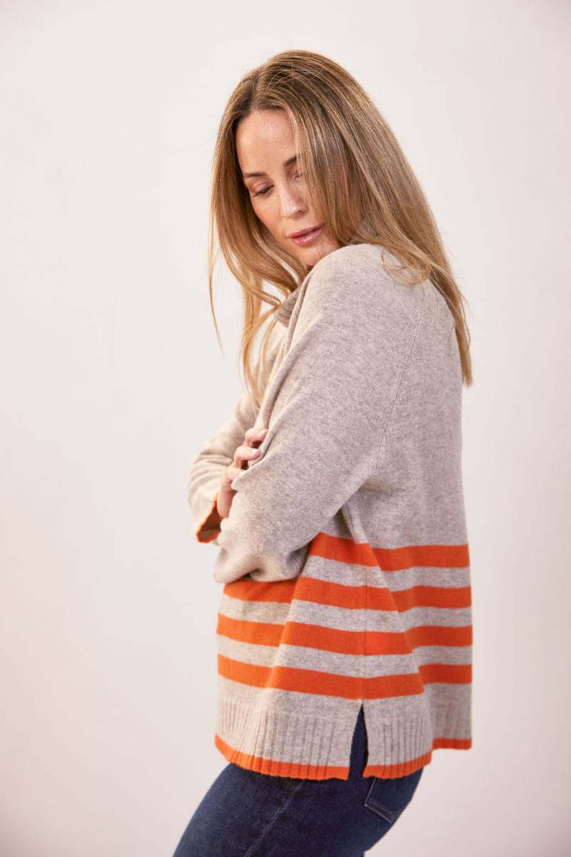 See Saw Merino Roll Neck Stripe Sweater in Tango Natural | Stockist in Zebra Finch Marketown in Newcastle, NSW