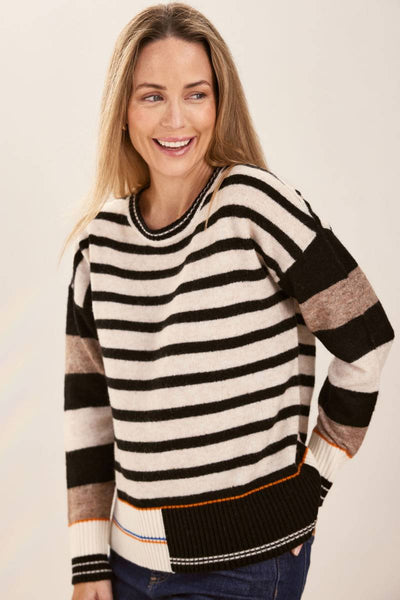 See Saw Oat Black Combo Stripe Sweater | Stockist at Zebra Finch Marketown in Newcastle, NSW