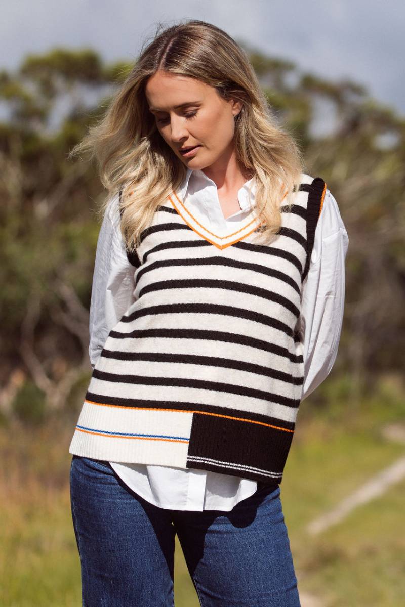See Saw Oat Black Stripe Vest | Stockist at Zebra Finch Marketown at Newcastle, NSW
