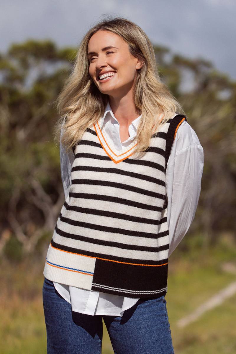 See Saw Oat Black Stripe Vest | Stockist at Zebra Finch Marketown at Newcastle, NSW