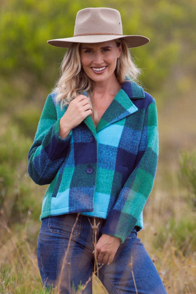 See Saw Brushed Wool Blend Plaid Jacket in Emerald, Navy and Blue | By Australian fashion label See Saw. See Saw Stockists in Newcastle, NSW 