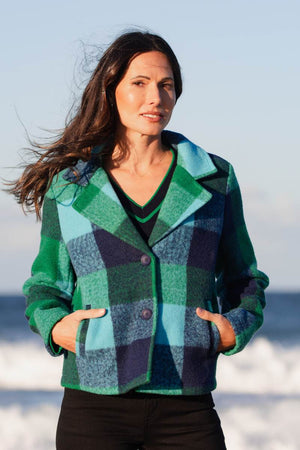 See Saw Brushed Wool Blend Plaid Jacket in Emerald, Navy and Blue | By Australian fashion label See Saw. See Saw Stockists in Newcastle, NSW 