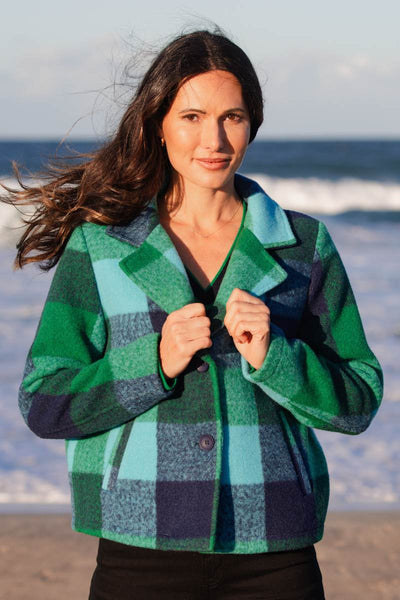 See Saw Brushed Wool Blend Plaid Jacket in Emerald, Navy and Blue | By Australian fashion label See Saw. See Saw Stockists in Newcastle, NSW 
