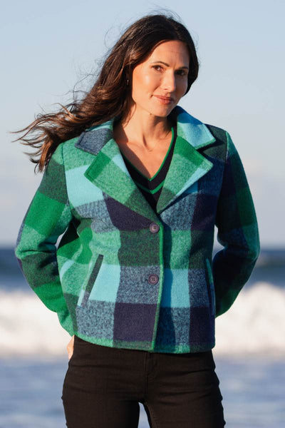 See Saw Brushed Wool Blend Plaid Jacket in Emerald, Navy and Aqua