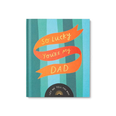 Notebook with striped design and orange ribbon text on a white background