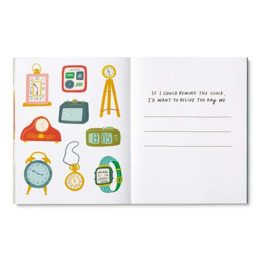 Open book with illustrations of clocks on one page and a quote on the other, on a white background.