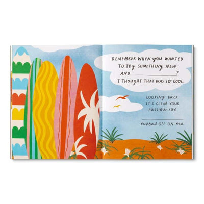 Colorful card with surfboards and a beach scene, featuring text.