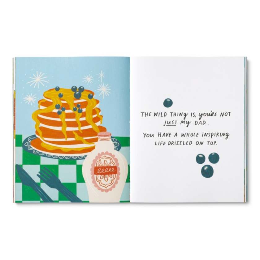 Card with illustration of pancakes and syrup, featuring a humorous message.