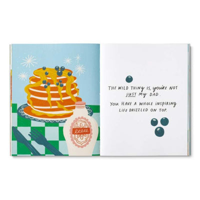 Card with illustration of pancakes and syrup, featuring a humorous message.