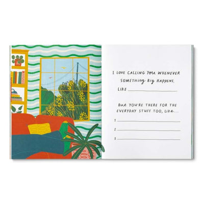 Greeting card with a colorful illustration of a living room and a questionaire on the right side.