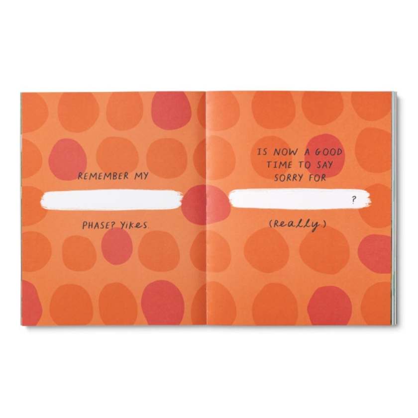 Two-page open book with orange and red polka dot pattern and humorous text.