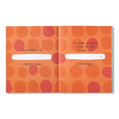 Two-page open book with orange and red polka dot pattern and humorous text.