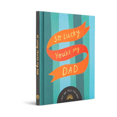 Book with striped cover and orange ribbon text on a white background