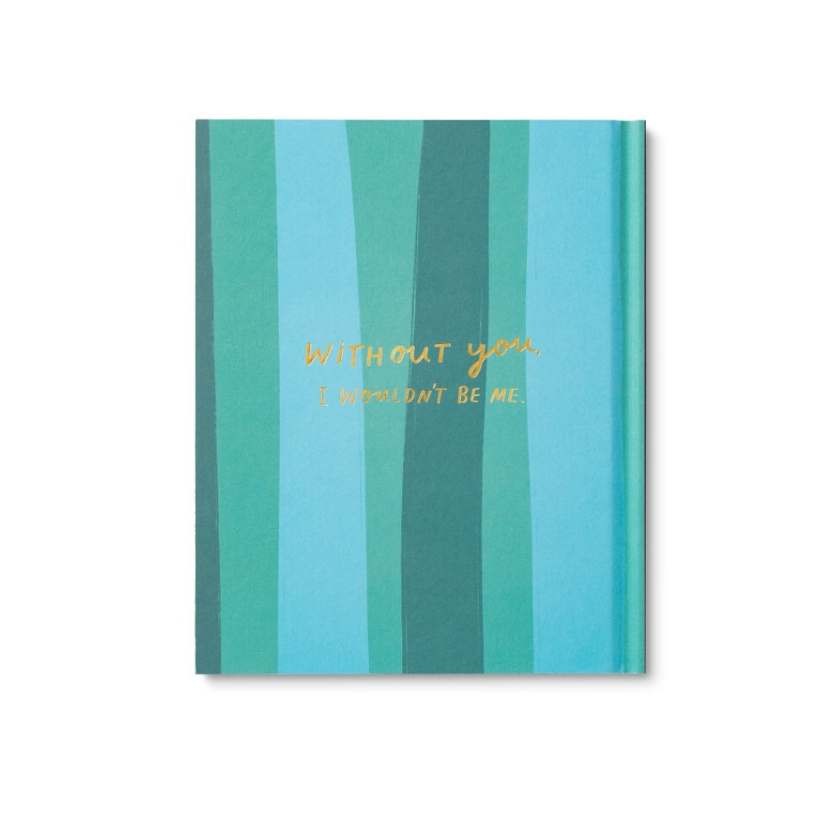 Notebook with blue and green striped cover and gold text on a white background