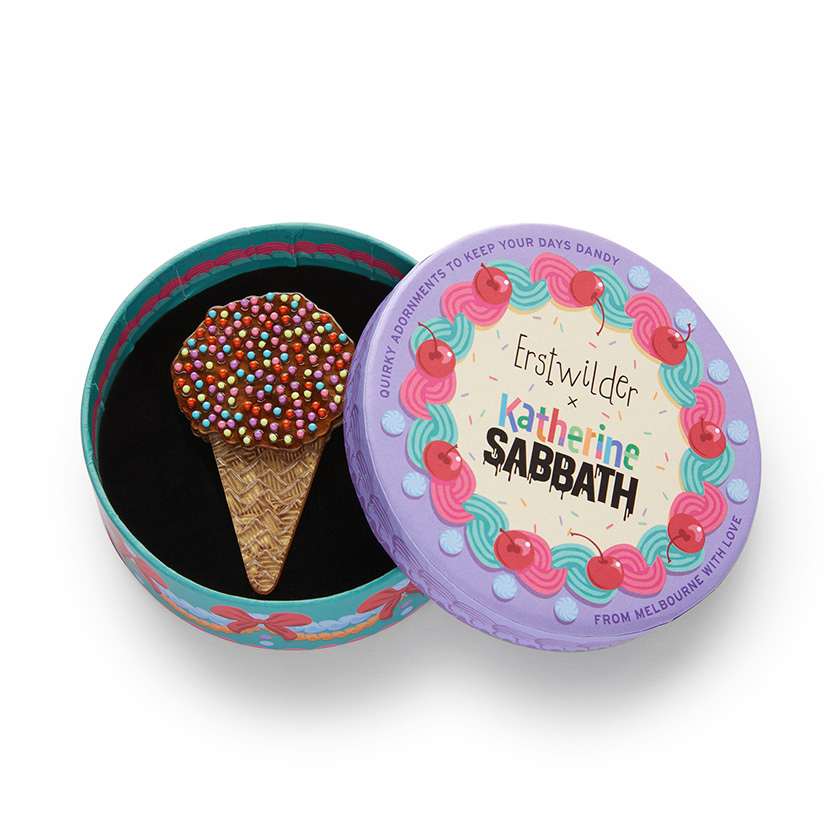 Sprinkles Ice Cream Cake Cone Brooch by Erstwilder from their 2024 Katherine Sabbath collection