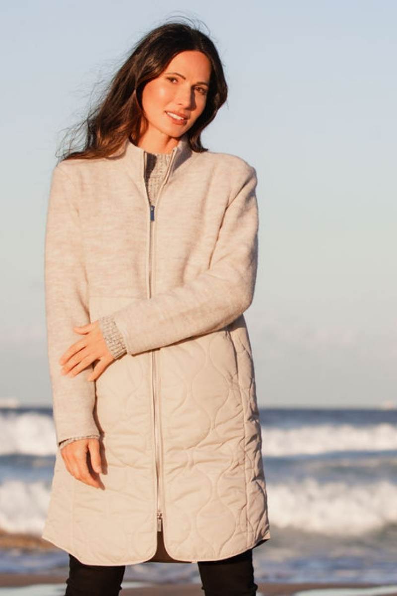 100% boiled wool quilted coat in natural by Australian fashion label, See Saw