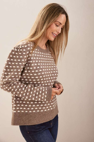 Australian wool blend spot sweater knitwear in mocha and white by Australian fashion label, See Saw