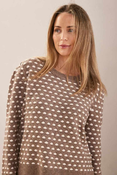 Australian wool blend spot sweater knitwear in mocha and white by Australian fashion label, See Saw