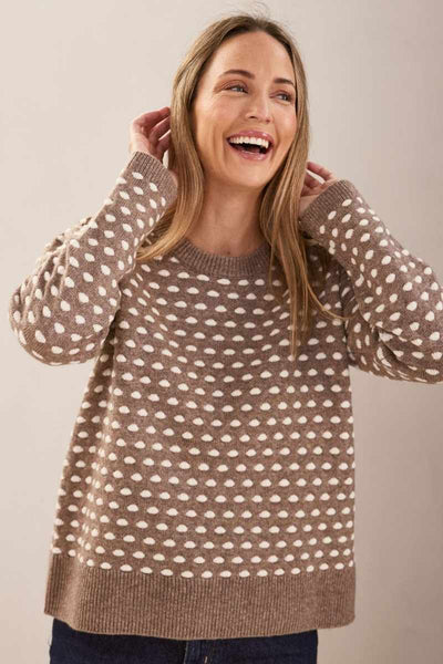 Australian wool blend spot sweater knitwear in mocha and white by Australian fashion label, See Saw