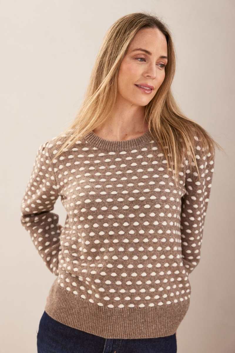 Australian wool blend spot sweater knitwear in mocha and white by Australian fashion label, See Saw