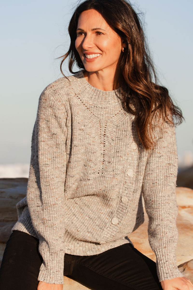 Mock neck button sweater in oatmeal sparkle by See Saw