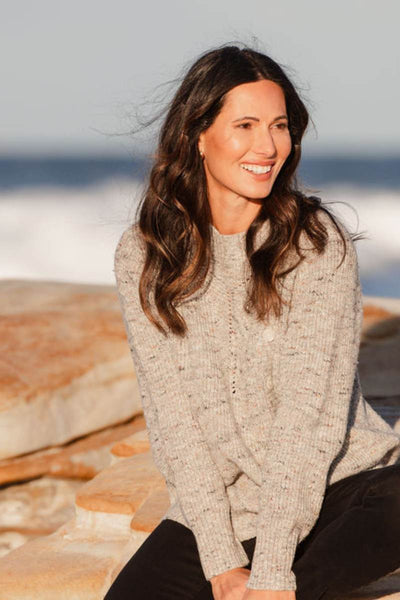 Mock neck button sweater in oatmeal sparkle by See Saw