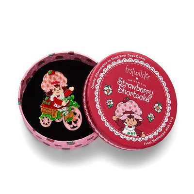 Strawberry Adventure Awaits Brooch in gift box by Erstwilder from their 2024 Strawberry Shortcake Collection