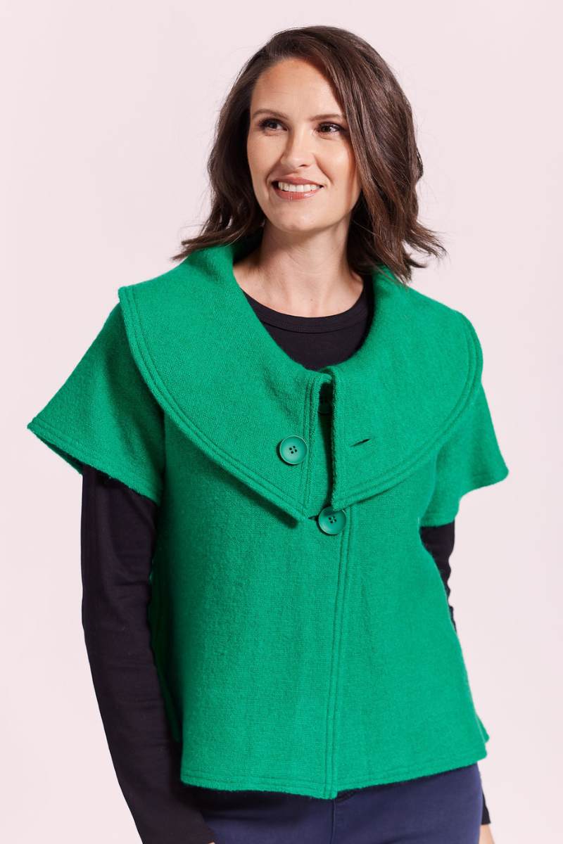 A stunning emerald green audrey collar jacket, made of boiled wool by Australian fashion label, See Saw
