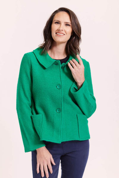A lovely emerald green boiled wool audrey collar jacket by Australian fashion label. See Saw