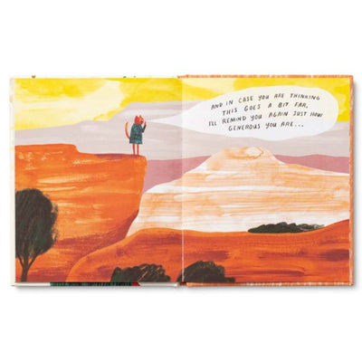 Illustration of a desert landscape with a character standing on a cliff, featuring a speech bubble with text.
